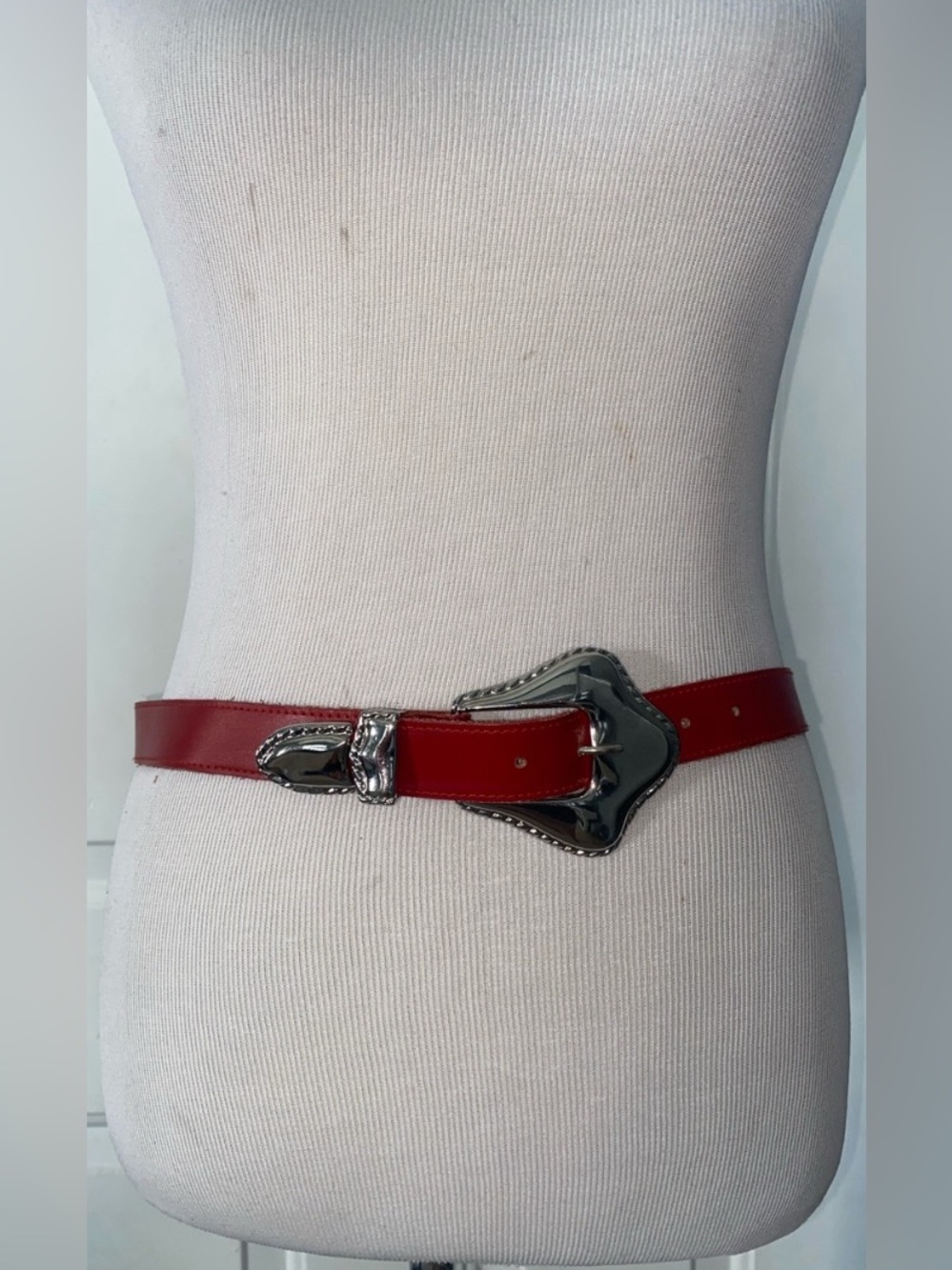 Vintage L. Chessler Red Leather Western-Style Belt with Silver Buckle